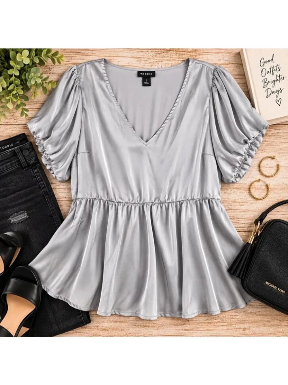 Torrid Silver Gray Satin Peplum Blouse Ruched Sleeve V-Neck Top